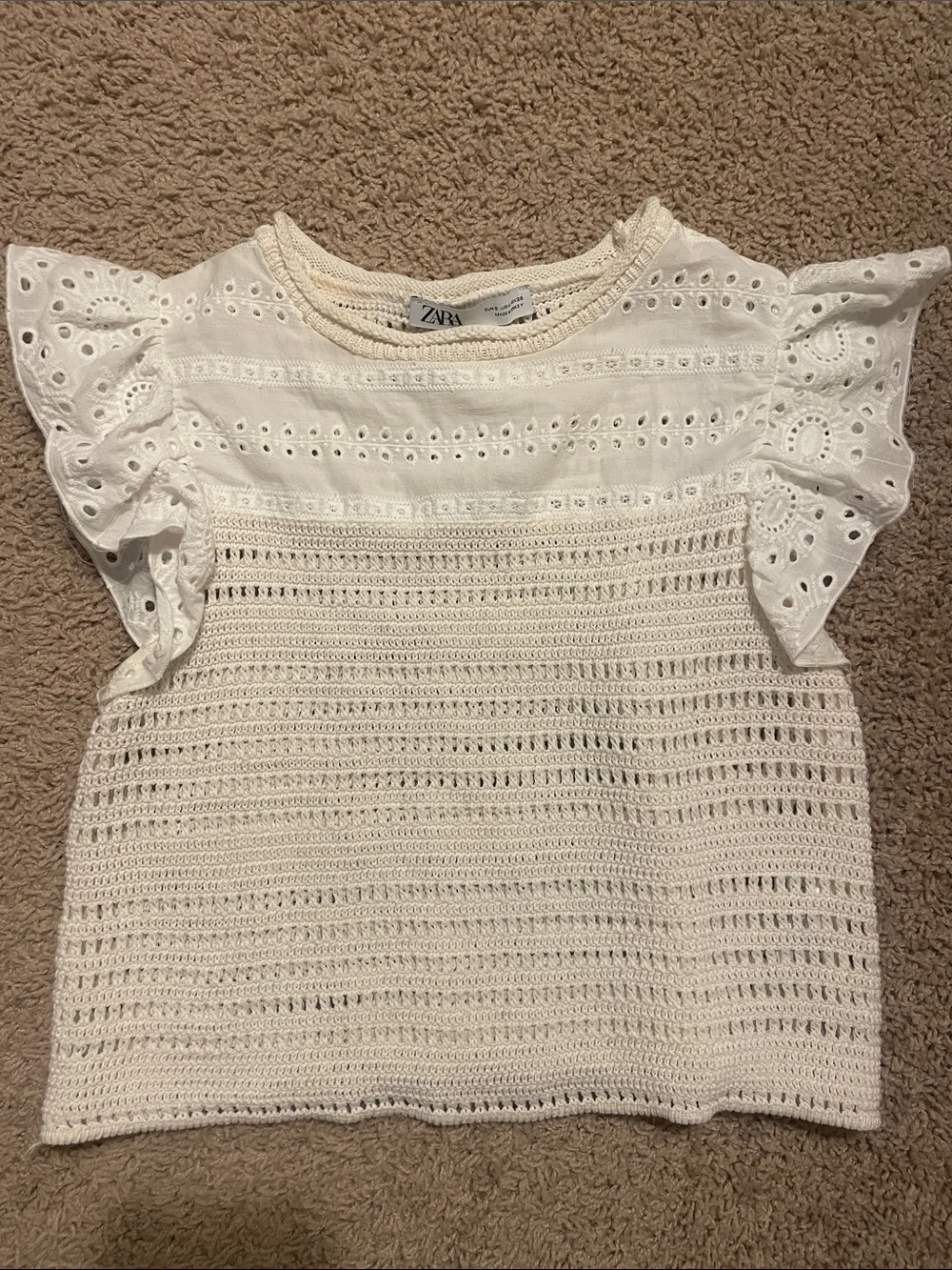 Zara Cream Eyelet & Crochet Flutter Sleeve Crop Top
